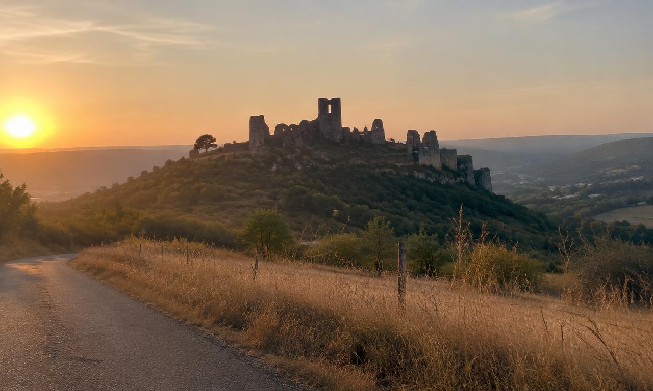 Le vieux château sur sa colline, vu de la route, au moment où le soleil joue les complices.